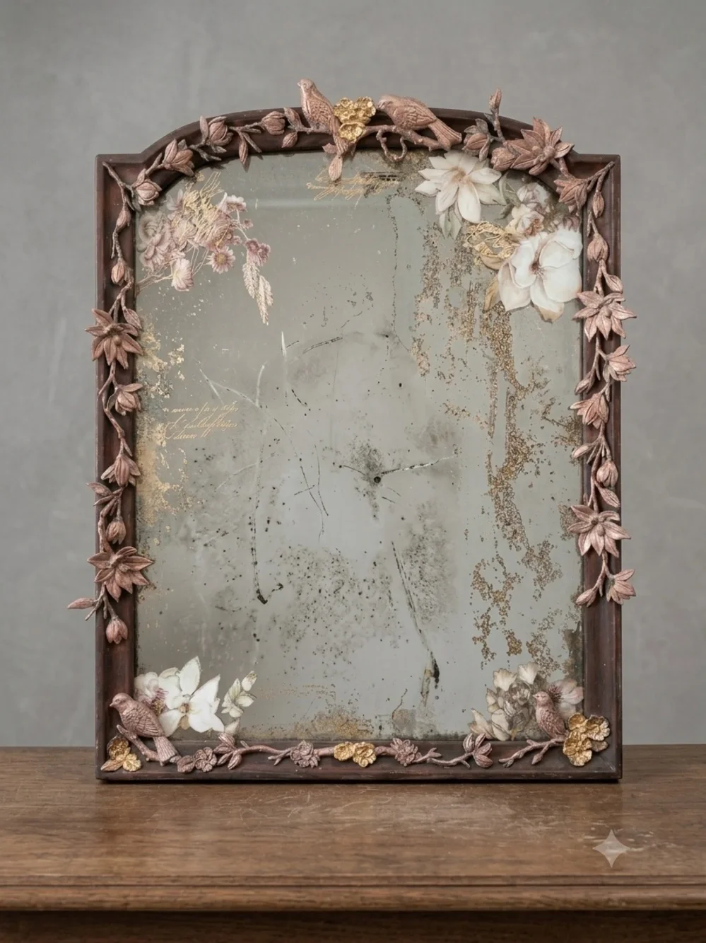 Ornate Floral & Bird Accent Wall Mirror with copper and gold accents